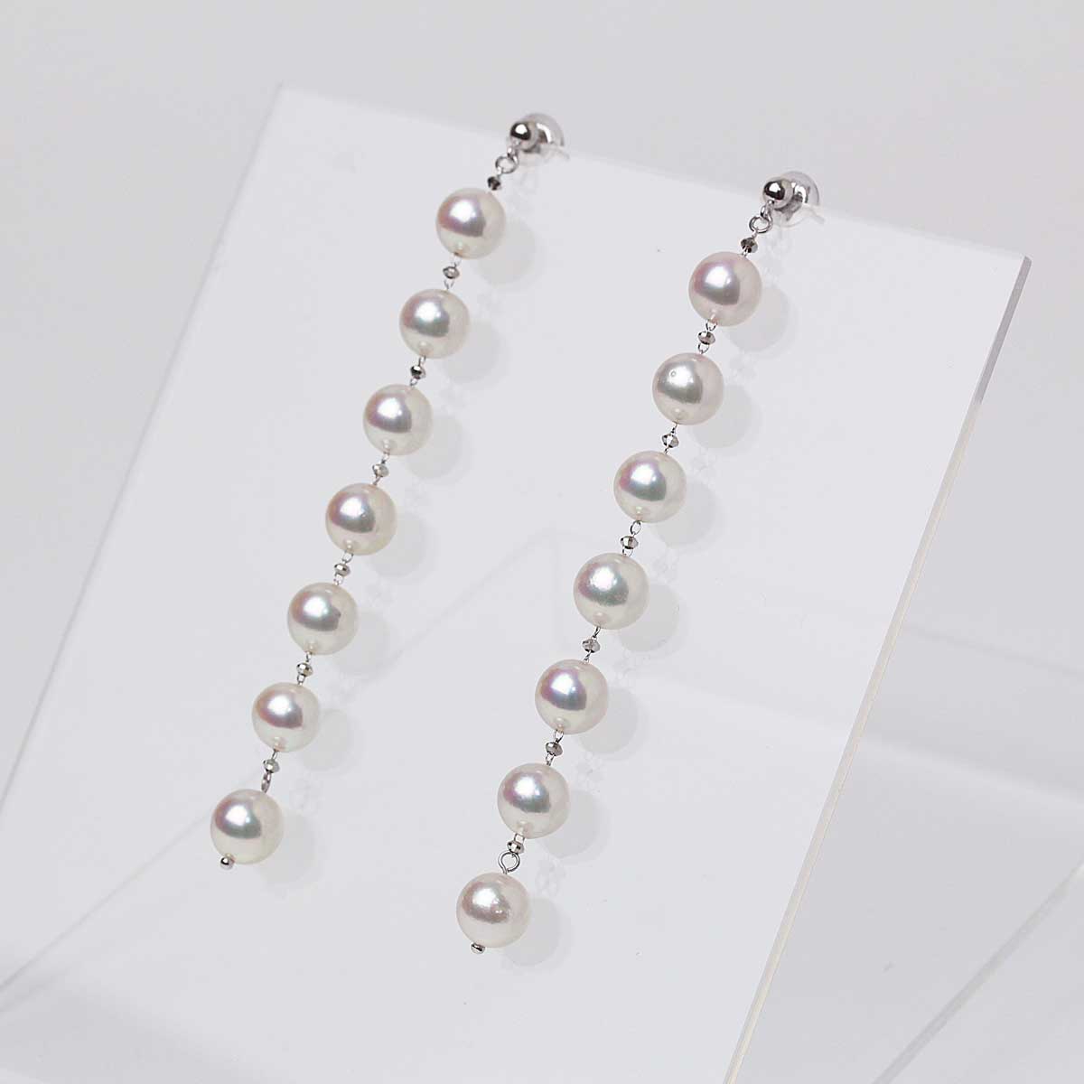 揺れるパールピアス ライン7粒 K18WG 国内産アコヤ真珠 6.5mm