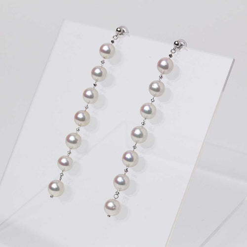揺れるパールピアス ライン7粒 K18WG 国内産アコヤ真珠 6.5mm 