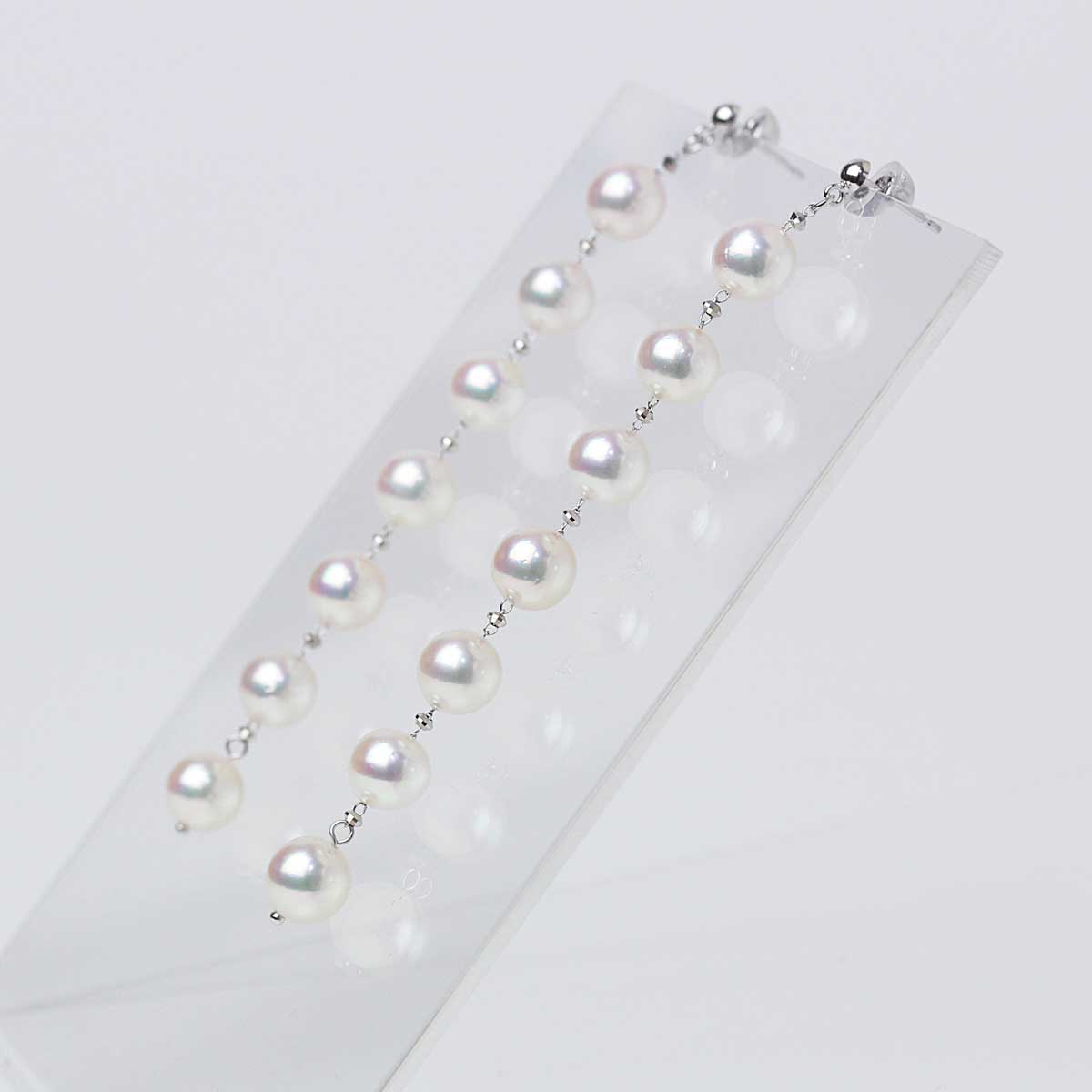 揺れるパールピアス  ライン7粒 K18WG 国内産アコヤ真珠 6.5mm