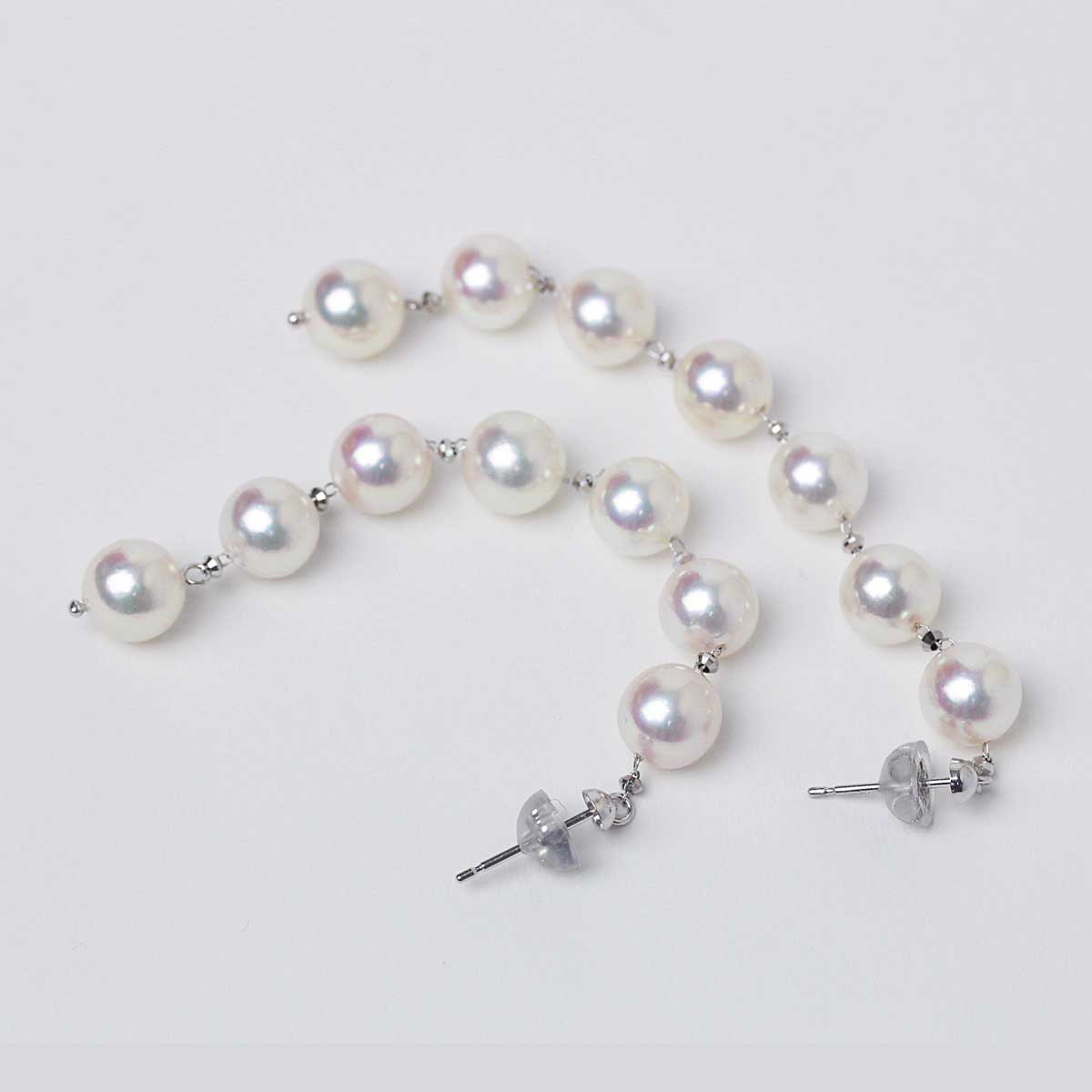 揺れるパールピアス  ライン7粒 K18WG 国内産アコヤ真珠 6.5mm