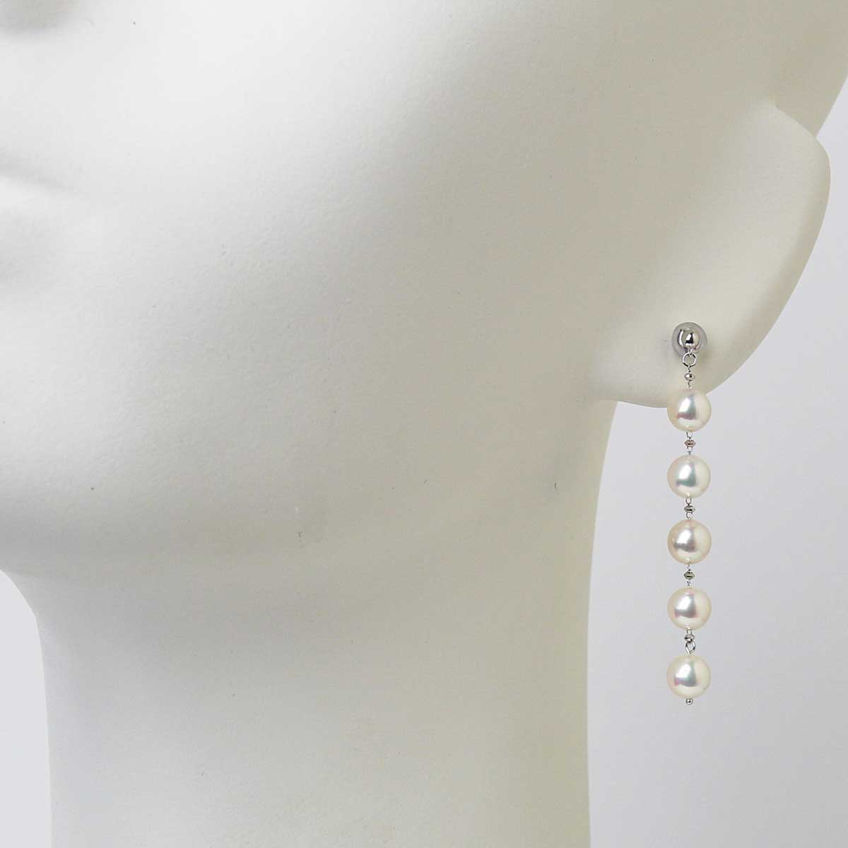 揺れるパールピアス  ライン5粒 K18WG 国内産アコヤ真珠 6.5mm