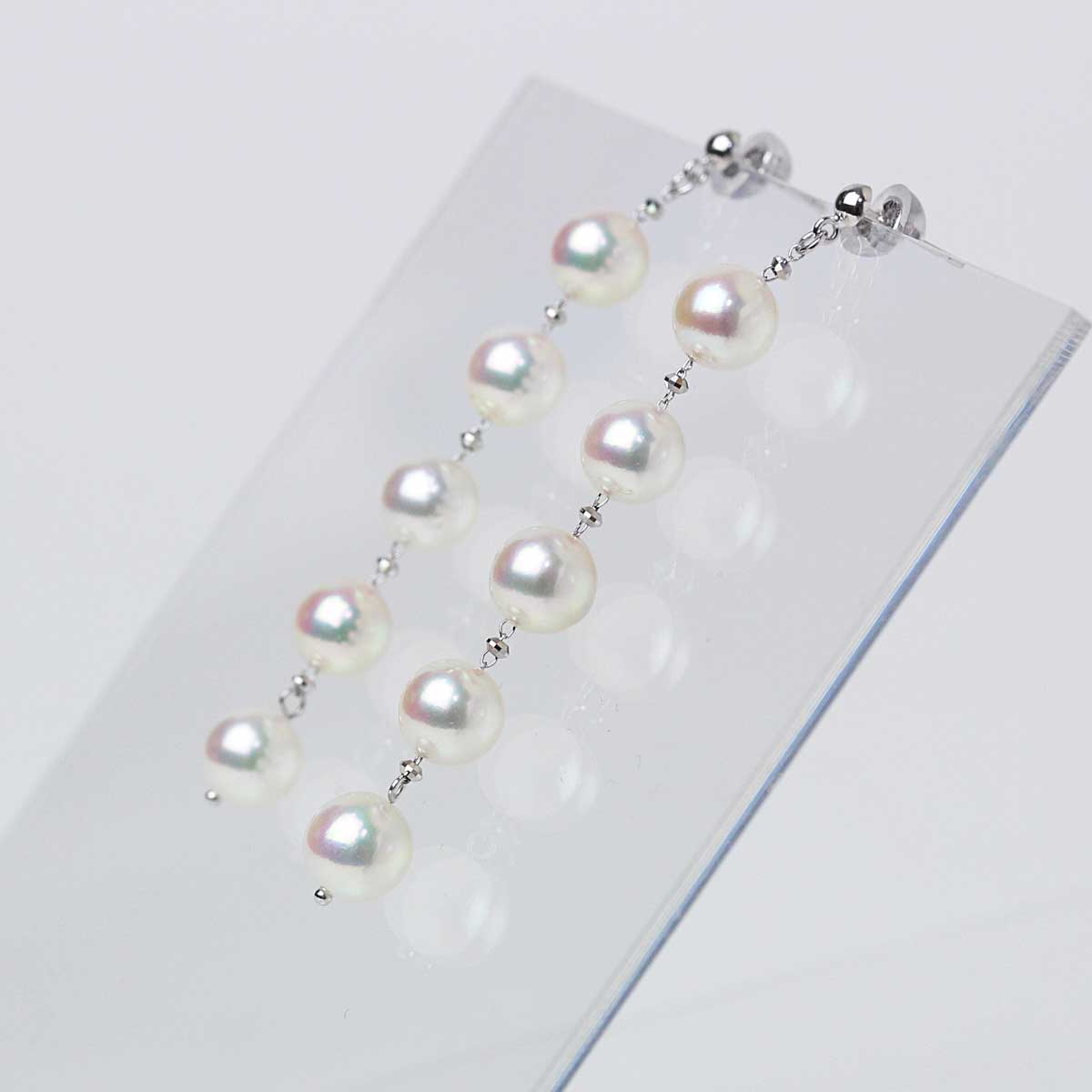 揺れるパールピアス  ライン5粒 K18WG 国内産アコヤ真珠 6.5mm